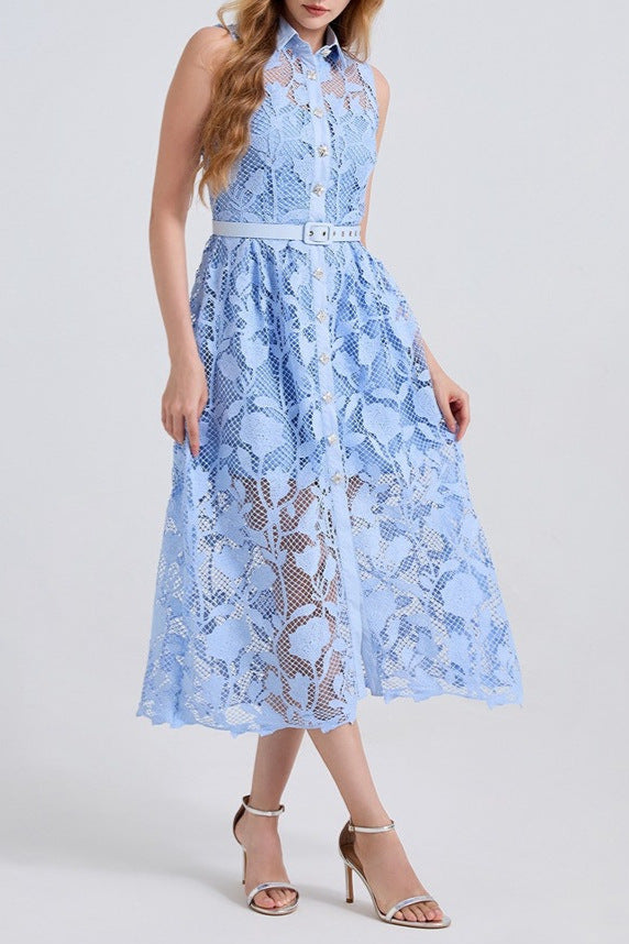 NECKLINE SLEEVELESS PINCHED WAIST MIDI DRESS IN BLUE