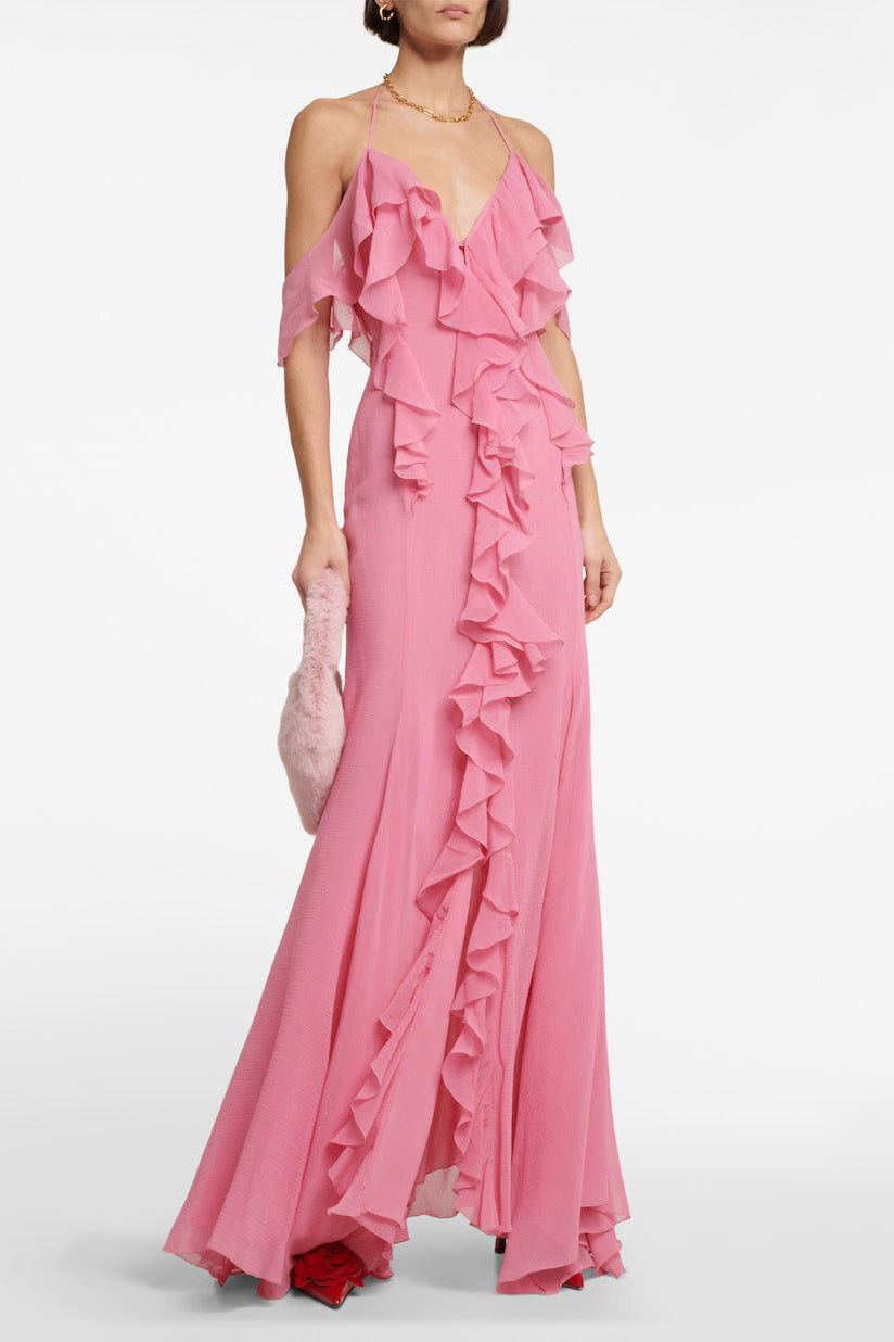 Pink Ruffle Cotton And Silk Maxi Dress
