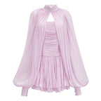 Flowering Girl Women High Neck Keyhole Cape Puff Sleeve Ruched Pleated Mini Dress