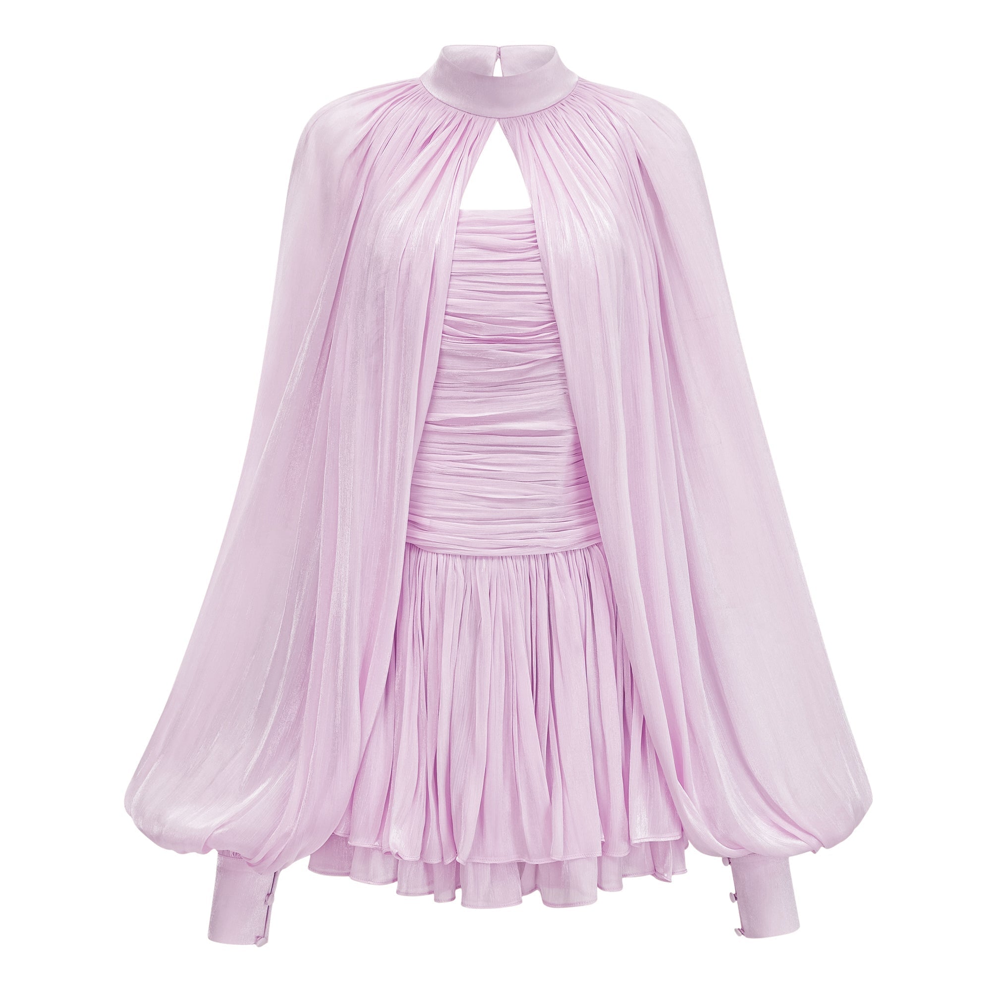 Flowering Girl Women High Neck Keyhole Cape Puff Sleeve Ruched Pleated Mini Dress