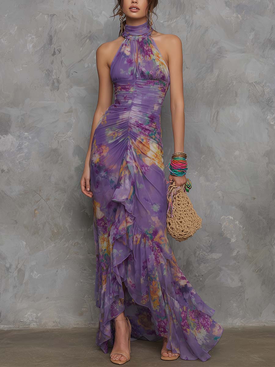 Flowering Girl Women Elegant Purple Floral Chiffon Halter Maxi Dress