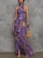 Flowering Girl Women Elegant Purple Floral Chiffon Halter Maxi Dress
