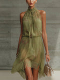Flowering Girl Women Green Floral Tie-Waist Chiffon Mini Dress