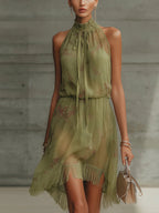 Flowering Girl Women Green Floral Tie-Waist Chiffon Mini Dress