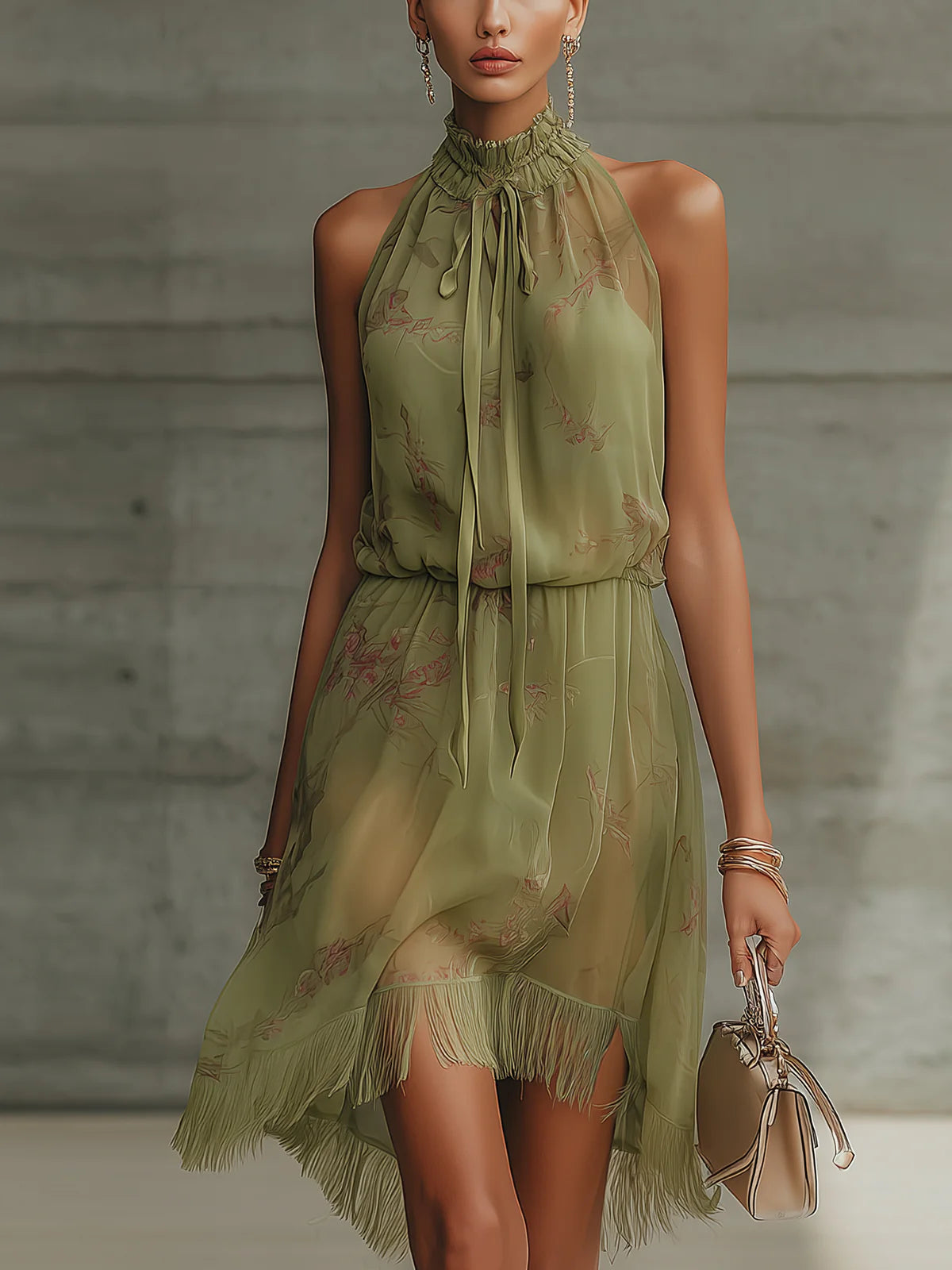 Flowering Girl Women Green Floral Tie-Waist Chiffon Mini Dress