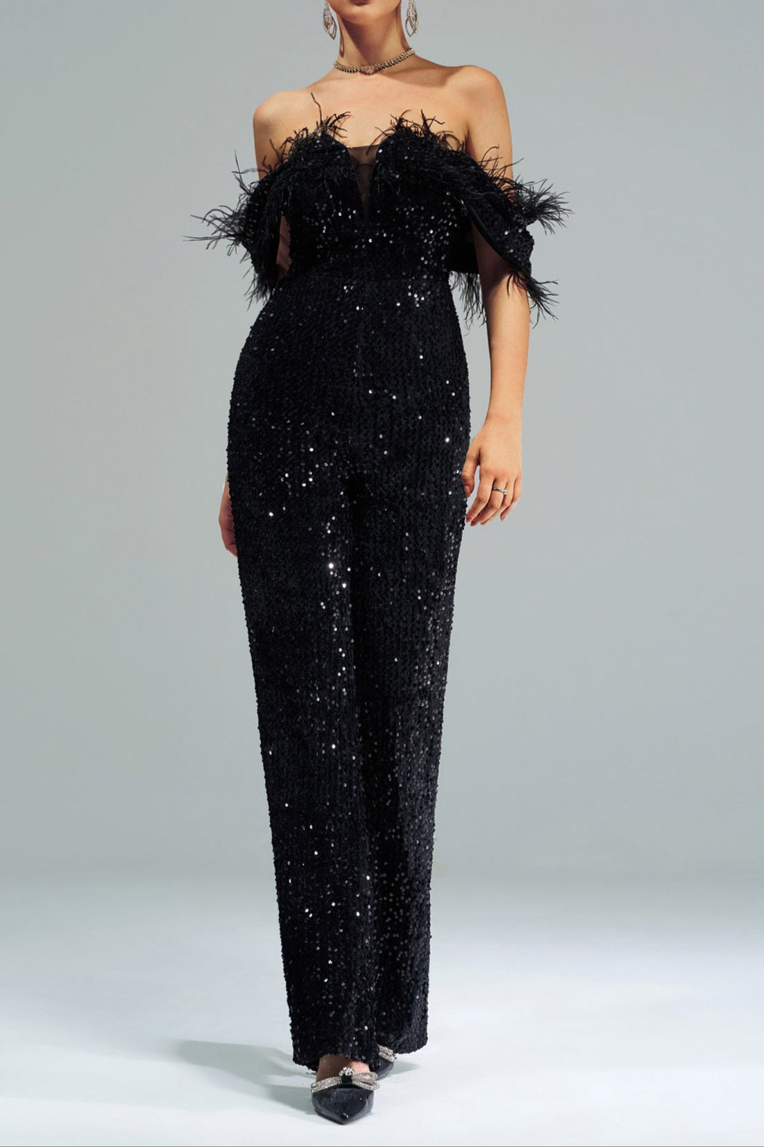 Flowering Girl Women Off-Shoulder Sequin Jumpsuit In Black