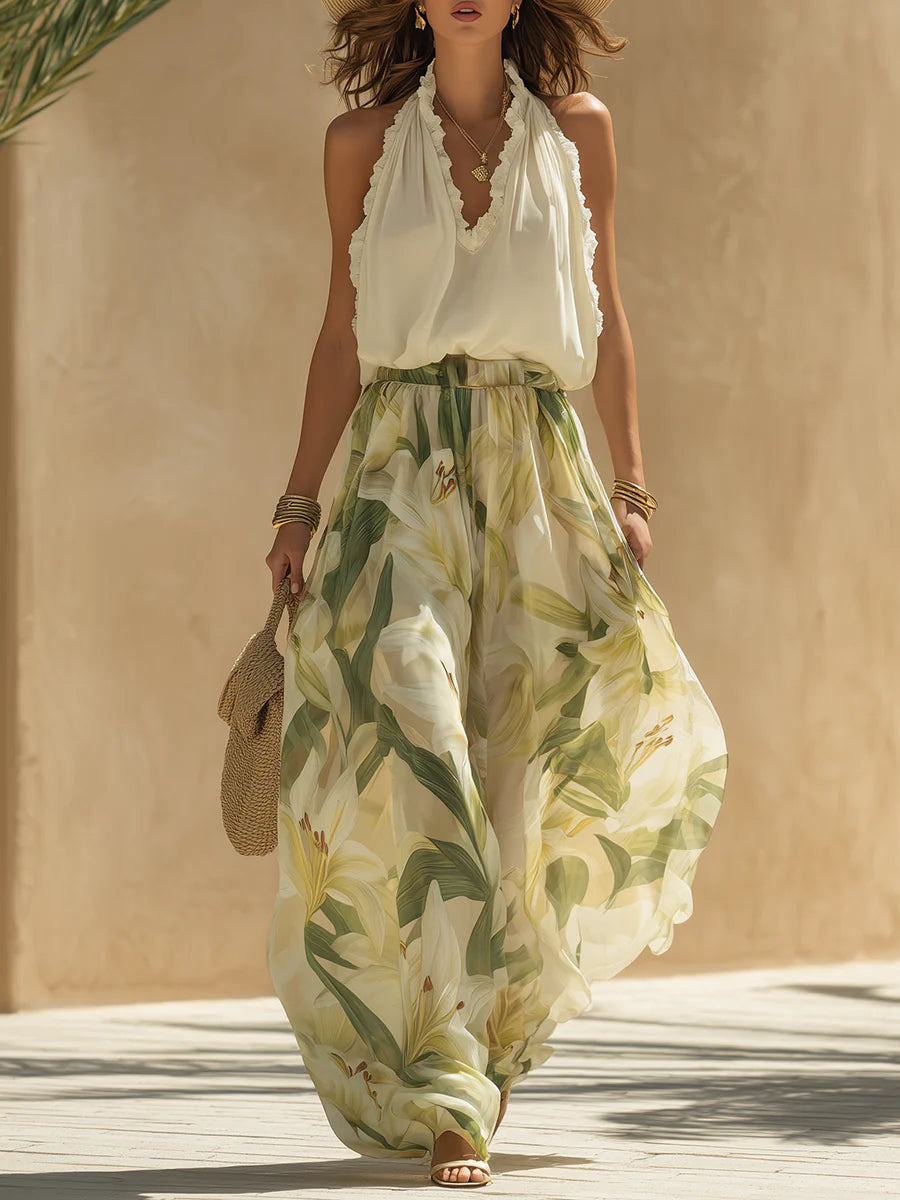 Flowering Girl Women Vacation Chiffon Ruffled Sleeveless Top And Lily Print Pants Set