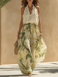 Flowering Girl Women Vacation Chiffon Ruffled Sleeveless Top And Lily Print Pants Set