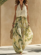 Flowering Girl Women Vacation Chiffon Ruffled Sleeveless Top And Lily Print Pants Set