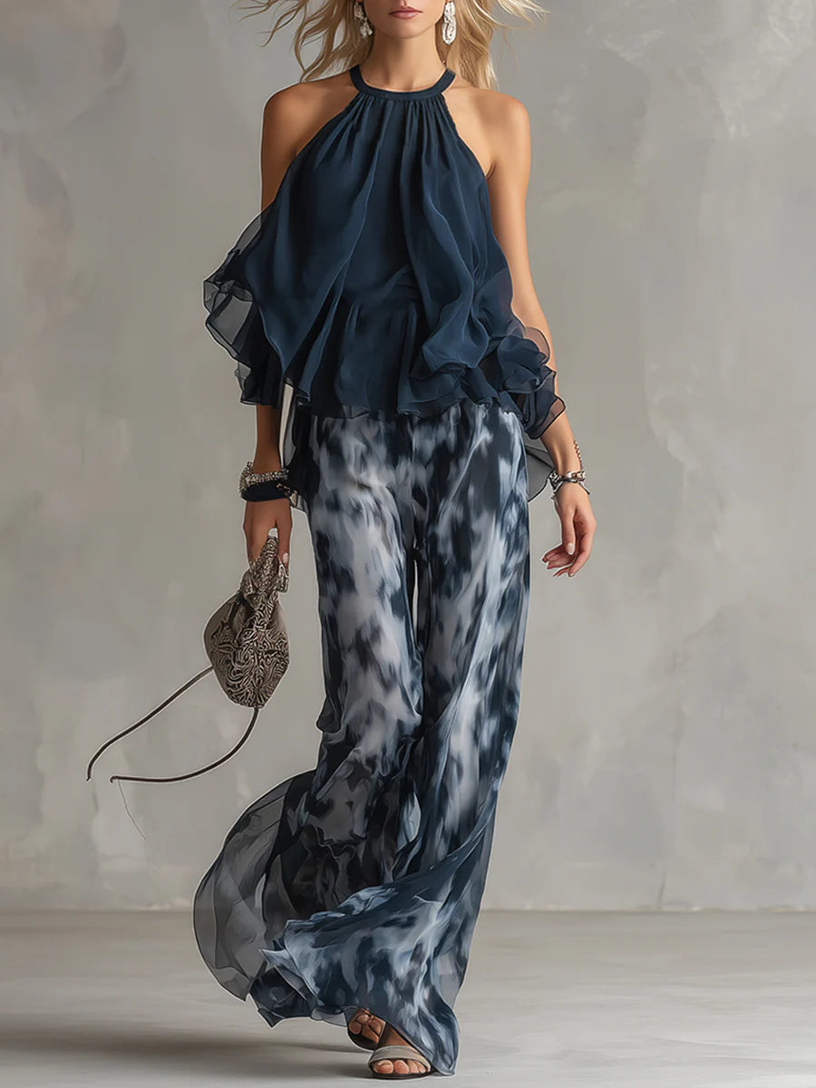 Flowering Girl Women Navy Halter Neck Top And Printed Wide-leg Pants Chiffon Set