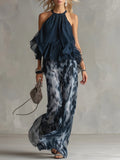 Flowering Girl Women Navy Halter Neck Top And Printed Wide-leg Pants Chiffon Set