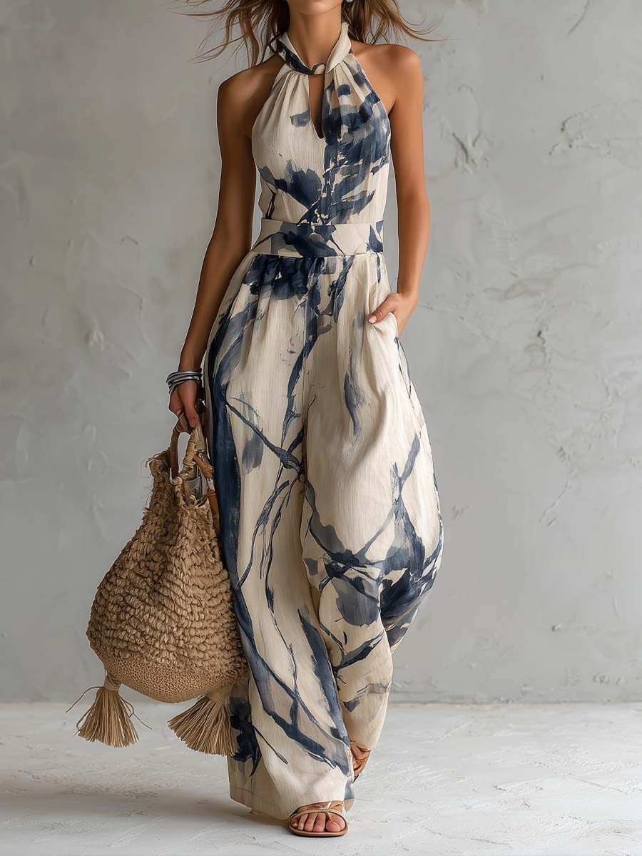 Flowering Girl Women Halter Neck Ink Wash Print Wide Leg Jumpsuit With Pockets
