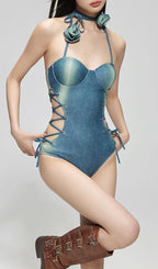 Flowering Girl Women Dodger Denim Flower One-Piece Swimsuit
