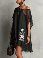Black Asymmetric Chiffon Midi Dress with Floral Embroidery