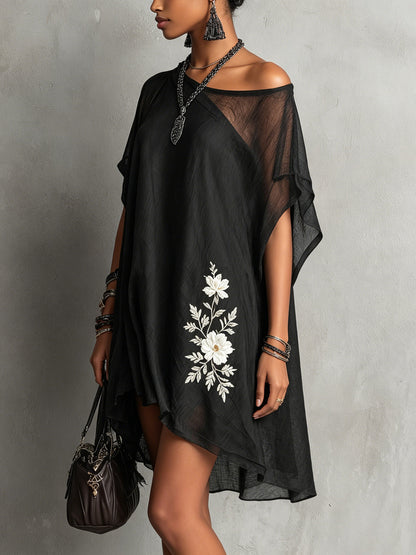 Black Asymmetric Chiffon Midi Dress with Floral Embroidery