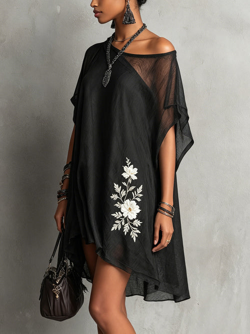 Flowering Girl Women Black Asymmetric Chiffon Midi Dress with Floral Embroidery