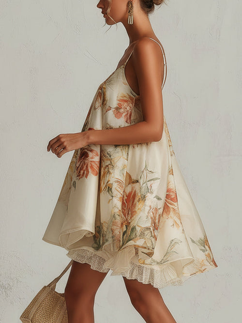 Flowering Girl Women Beige floral organza A-line mini dress with lace trim