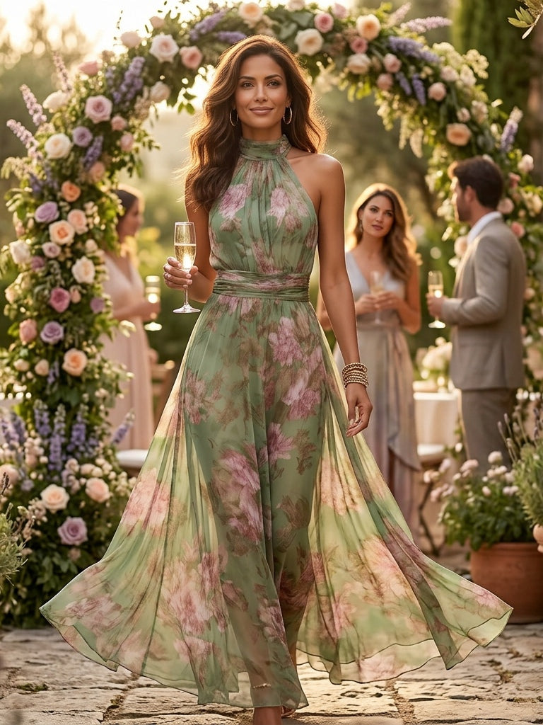 Flowering Girl Women Green Floral Chiffon Halter Maxi Dress