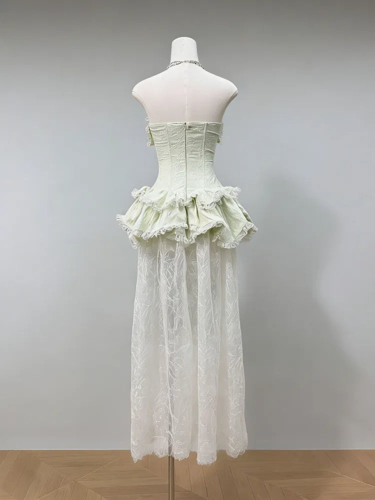 Tiffany Fitted Lace-Paneled Strapless Maxi Dress In Green
