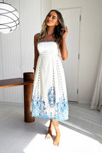 Blue Floral Print Back Tie-Up Midi Dress with Trim Band