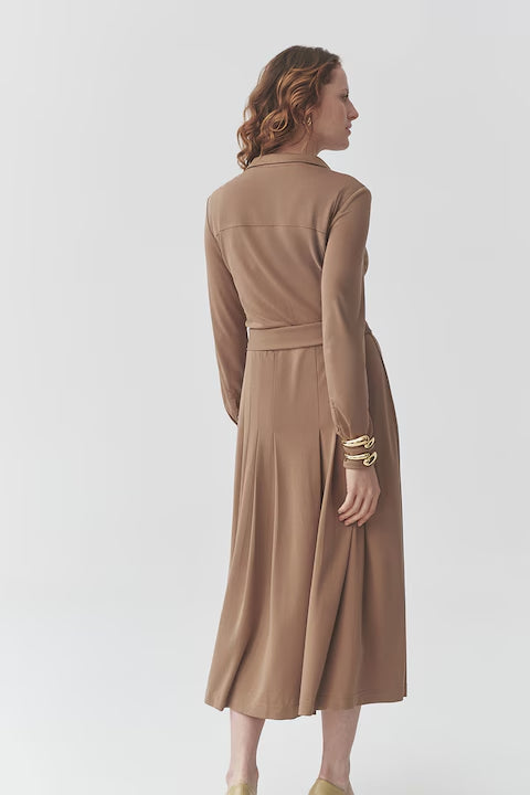 Drawstring Waist Midi Dress In Brown