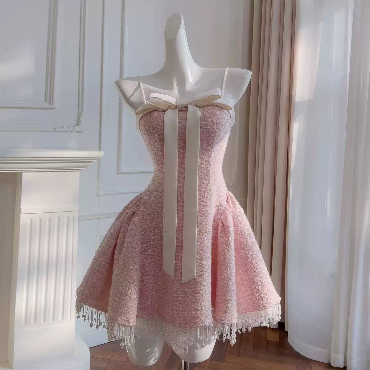 Tweed Bow Mini Dress In Pink