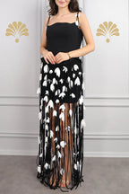 hilary black flower tassel strapless mini dress