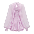 Flowering Girl Women High Neck Keyhole Cape Puff Sleeve Ruched Pleated Mini Dress
