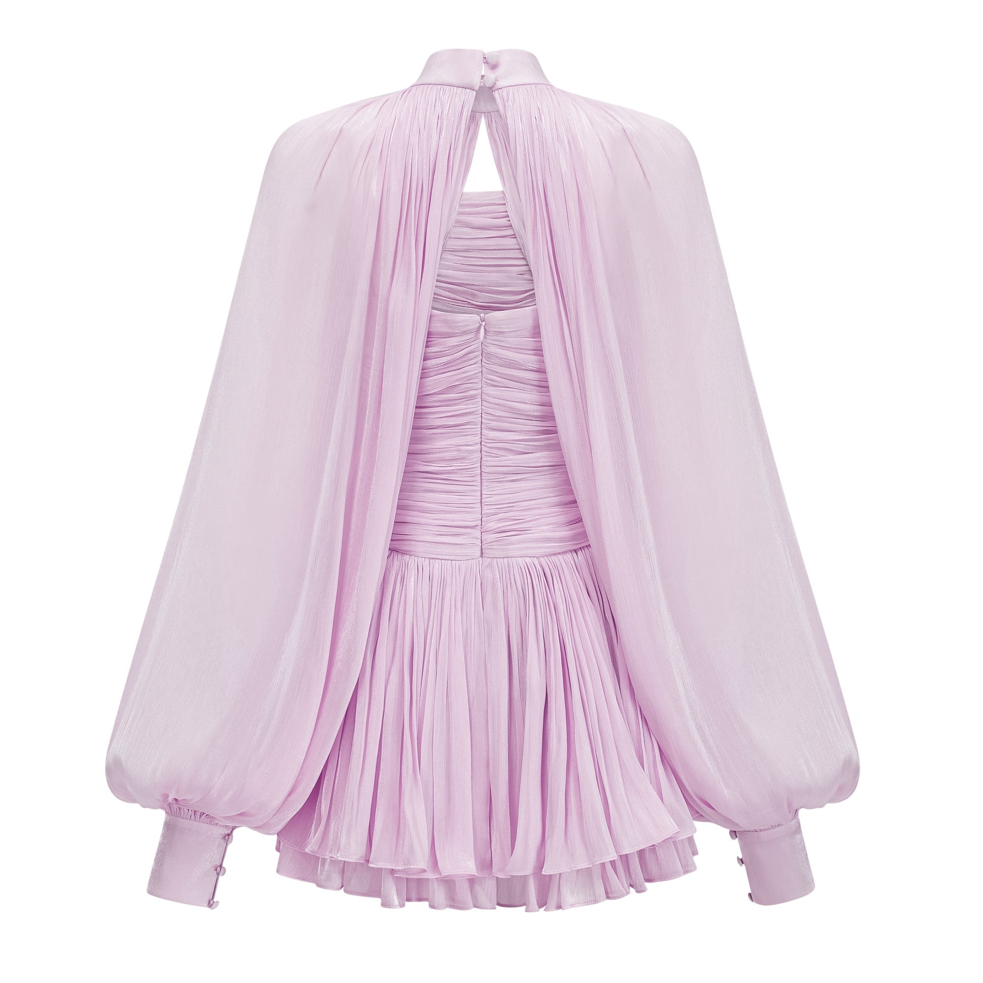 Flowering Girl Women High Neck Keyhole Cape Puff Sleeve Ruched Pleated Mini Dress