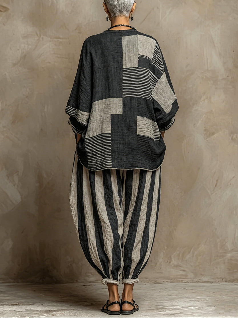 Flowering Girl Women Casual Color-Block Printed Long-Sleeve Top And Pants Set
