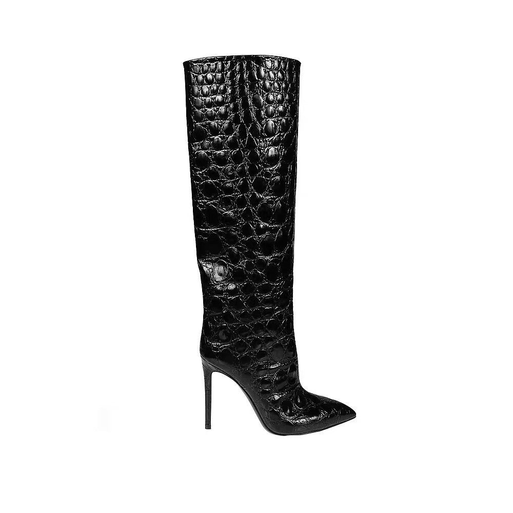 Flowering Girl Women Snake-print high-heeled pointed-toe straight-leg boots
