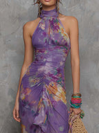 Flowering Girl Women Elegant Purple Floral Chiffon Halter Maxi Dress