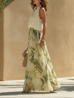 Flowering Girl Women Vacation Chiffon Ruffled Sleeveless Top And Lily Print Pants Set