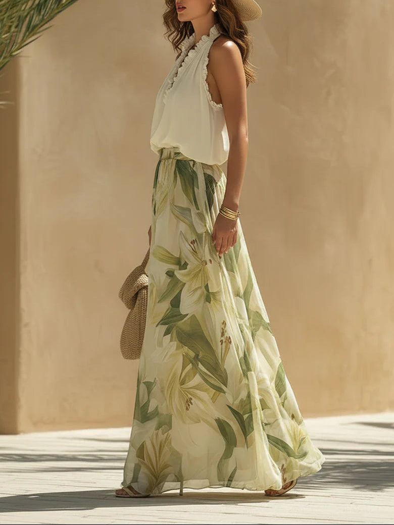 Flowering Girl Women Vacation Chiffon Ruffled Sleeveless Top And Lily Print Pants Set