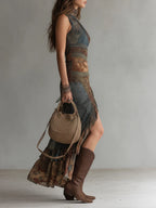 Flowering Girl Women Ethnic-Style Printed One-Shoulder Maxi Dress with High Slit