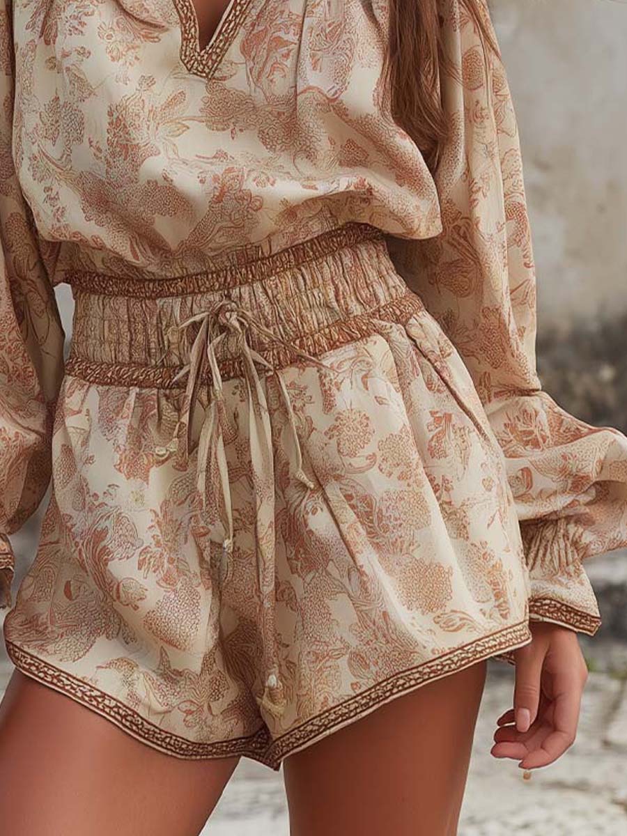 Flowering Girl Women V-Neck Botanical Print Waist-Cinching Short Romper
