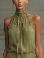 Flowering Girl Women Green Floral Tie-Waist Chiffon Mini Dress