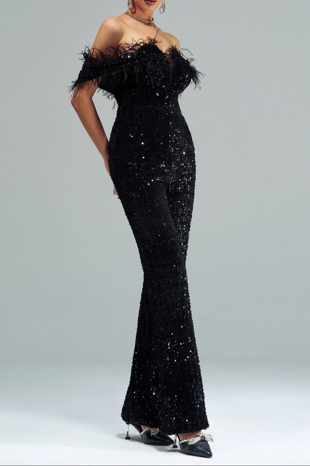 Flowering Girl Women Off-Shoulder Sequin Jumpsuit In Black