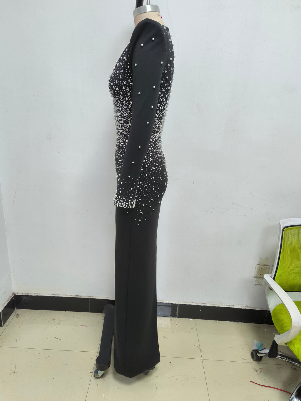 Flowering Girl Women pearl embellished v-neck maxi dress in black