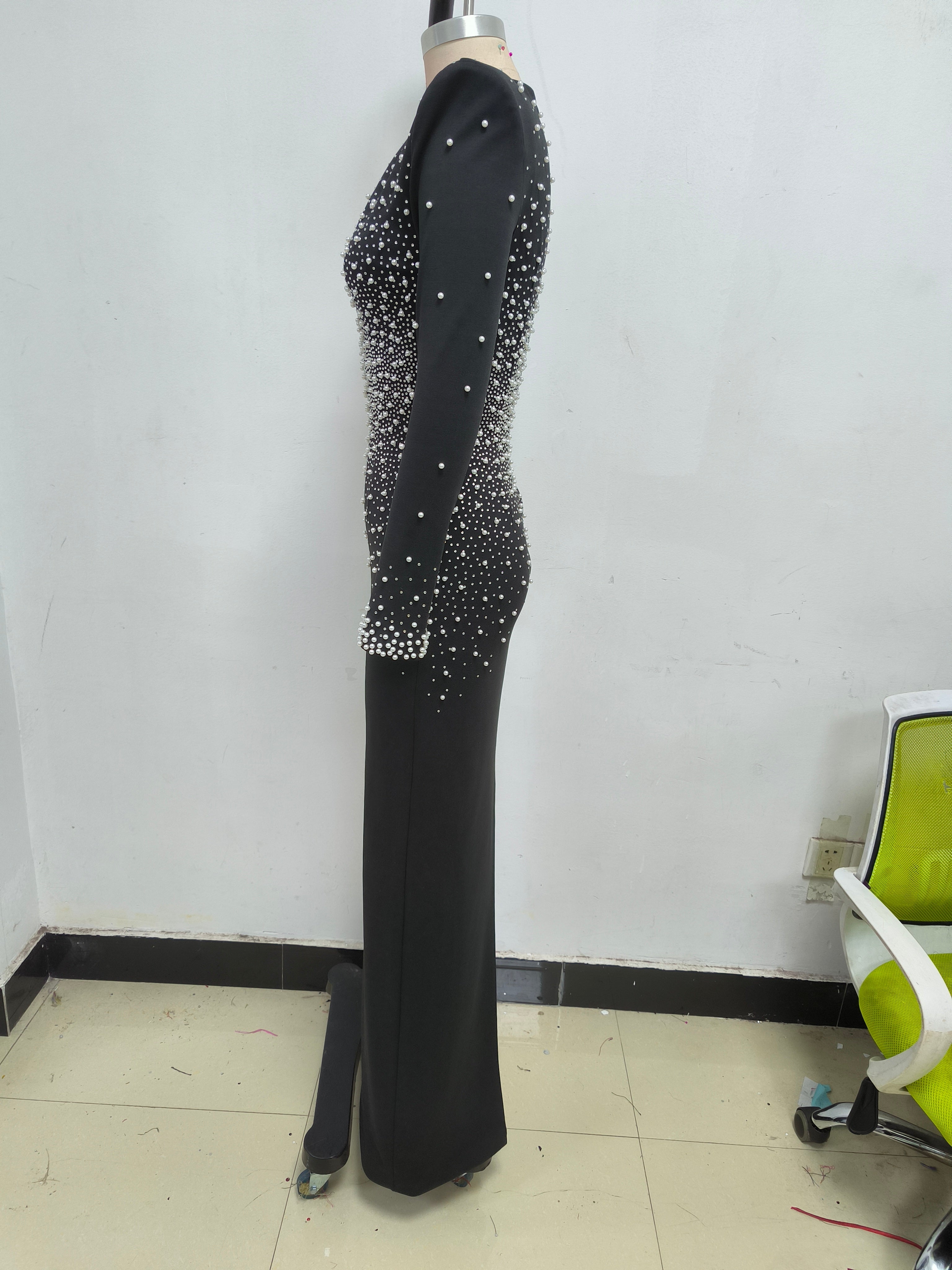 Flowering Girl Women pearl embellished v-neck maxi dress in black