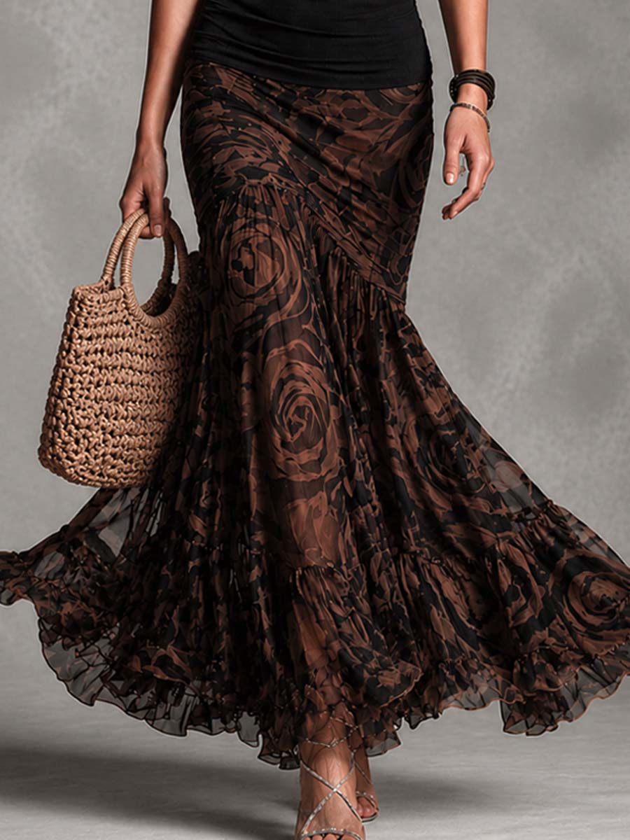 Flowering Girl Women Retro Black cami and brown printed mesh skirt set