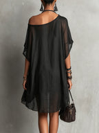 Black Asymmetric Chiffon Midi Dress with Floral Embroidery