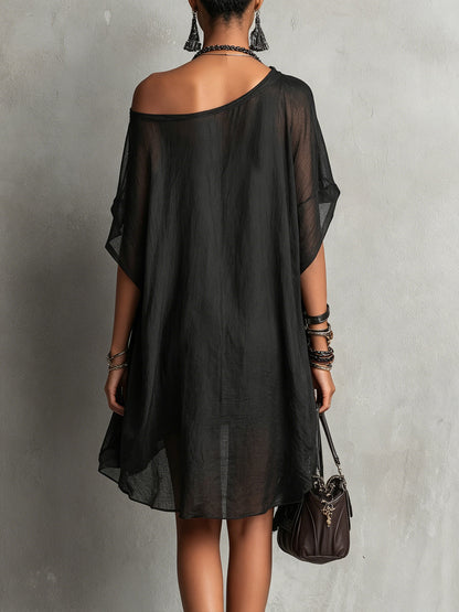 Black Asymmetric Chiffon Midi Dress with Floral Embroidery