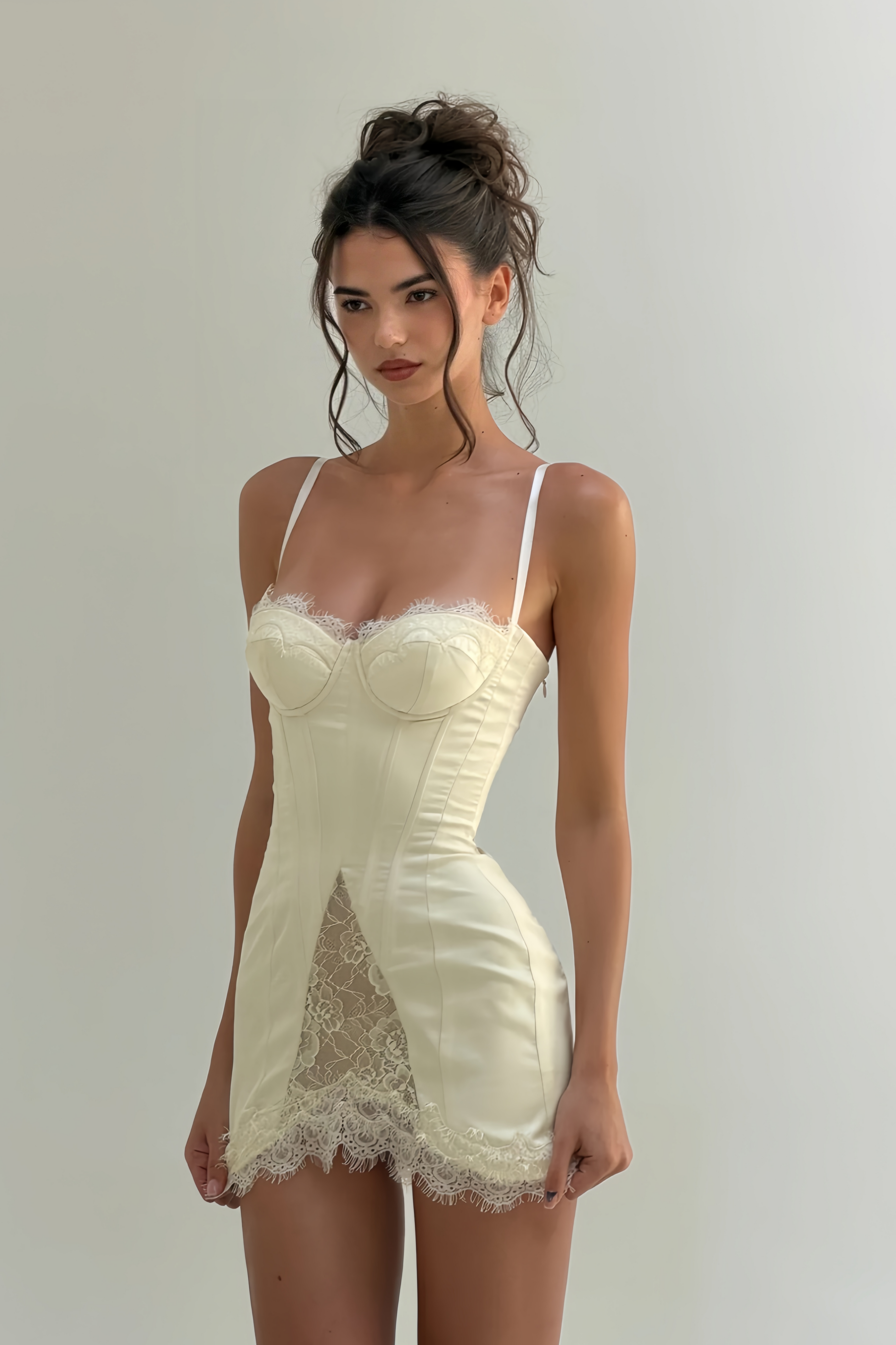 lorraine White Satin Mini Dress with Lace Panels