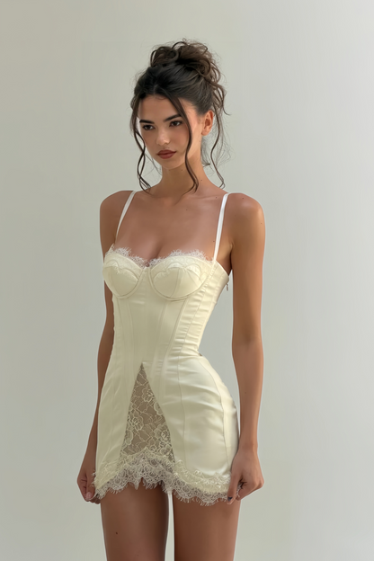 lorraine White Satin Mini Dress with Lace Panels