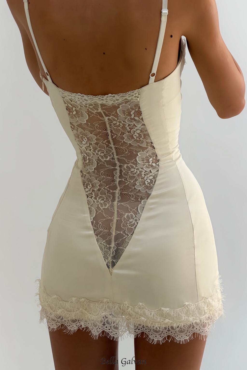 lorraine White Satin Mini Dress with Lace Panels
