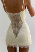 lorraine White Satin Mini Dress with Lace Panels