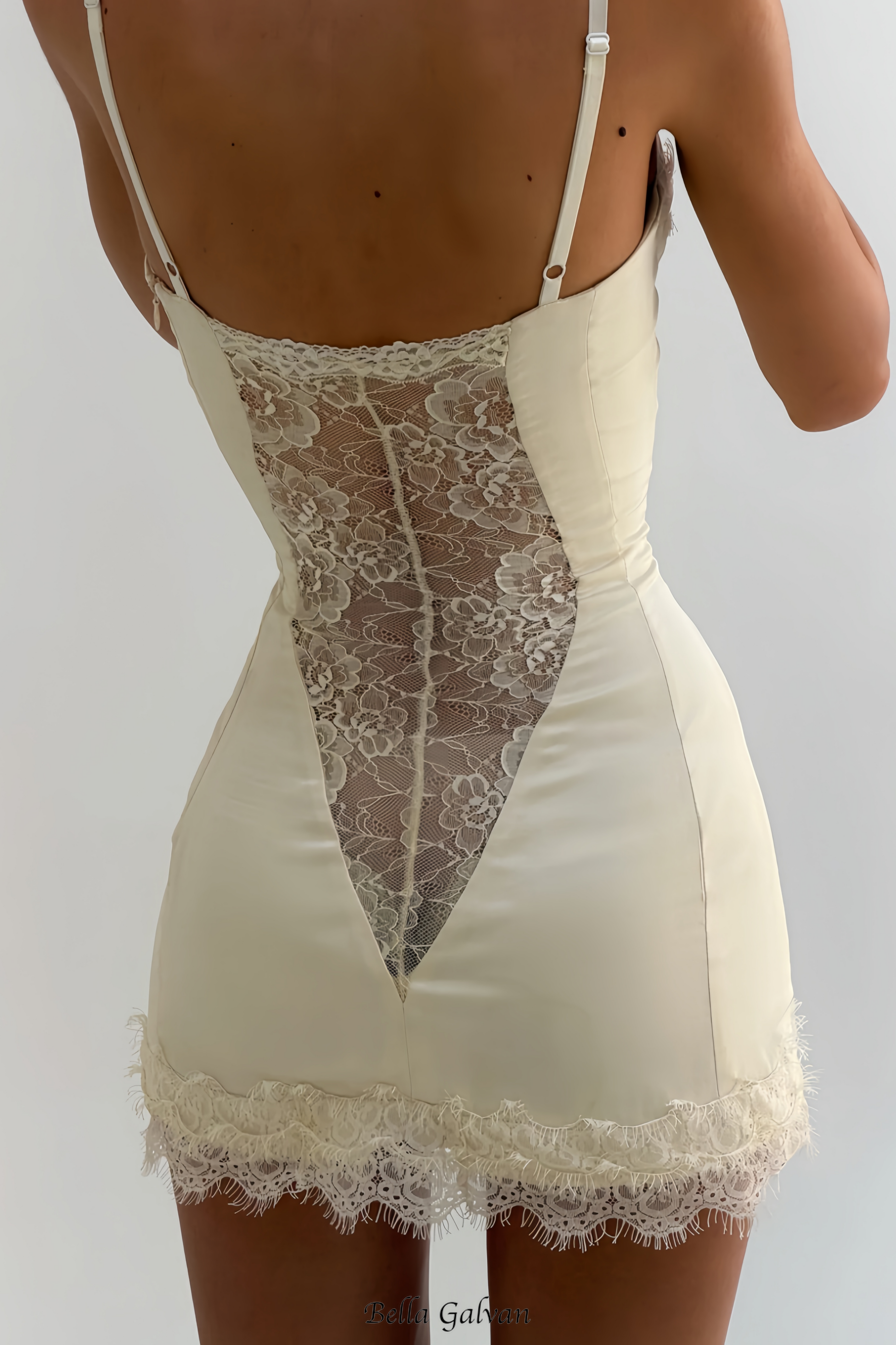 lorraine White Satin Mini Dress with Lace Panels