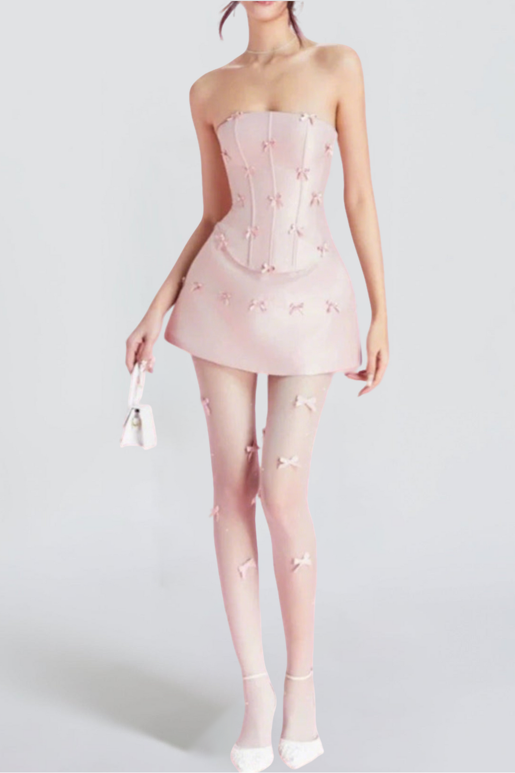 Flowering Girl Women Pink Bow Embellished Strapless Mini Dress Set