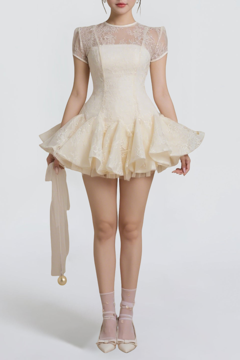 Flowering Girl Women Kelly Sequin Lace Puffy Mini Dress In White
